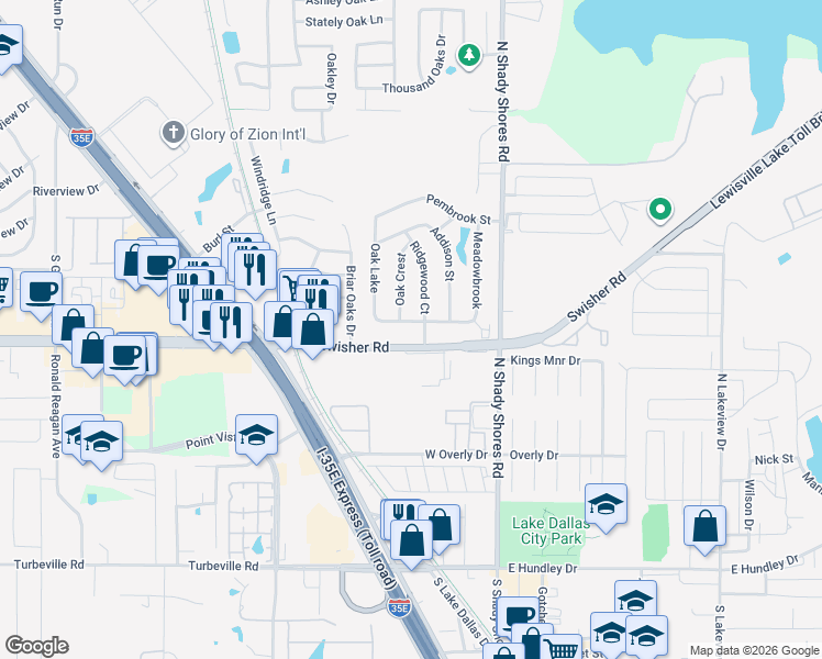map of restaurants, bars, coffee shops, grocery stores, and more near 204 Hillcrest Street in Lake Dallas