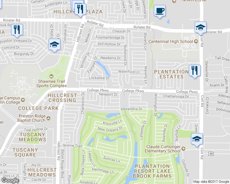map of restaurants, bars, coffee shops, grocery stores, and more near 11312 College Parkway in Frisco