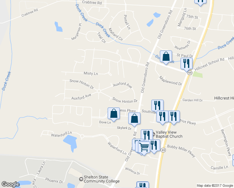 map of restaurants, bars, coffee shops, grocery stores, and more near 8447 Snow Circle in Tuscaloosa