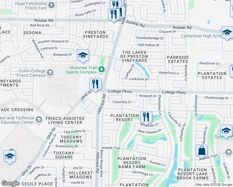 map of restaurants, bars, coffee shops, grocery stores, and more near 10708 Jackson Lane in Frisco