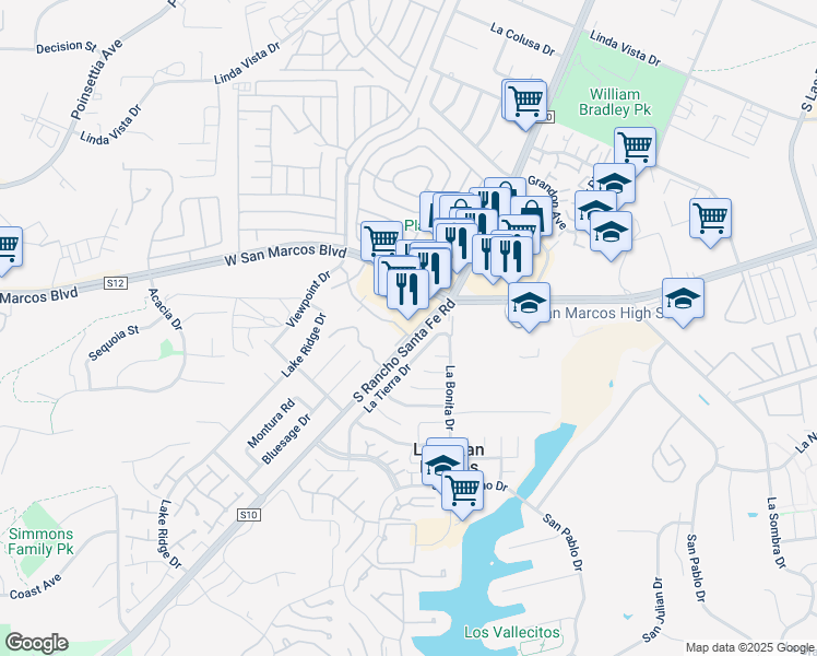 map of restaurants, bars, coffee shops, grocery stores, and more near 1915 West San Marcos Boulevard in San Marcos