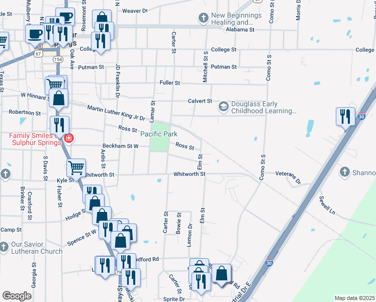 map of restaurants, bars, coffee shops, grocery stores, and more near 416 Ross Street in Sulphur Springs