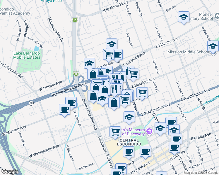 map of restaurants, bars, coffee shops, grocery stores, and more near 221 West Crest Street in Escondido