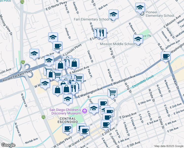 map of restaurants, bars, coffee shops, grocery stores, and more near 728 Park Place in Escondido