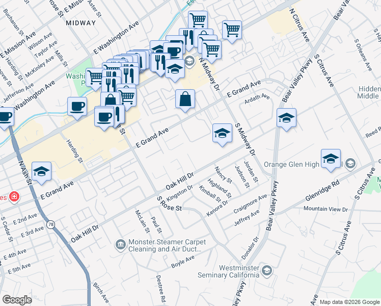 map of restaurants, bars, coffee shops, grocery stores, and more near 352 Highland Place in Escondido