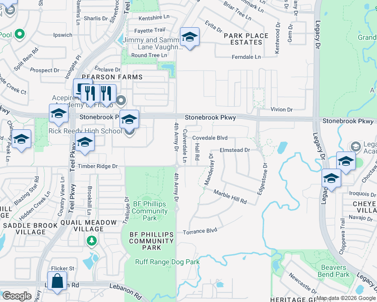 map of restaurants, bars, coffee shops, grocery stores, and more near 6254 Culverdale Lane in Frisco