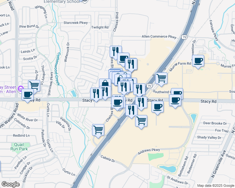 map of restaurants, bars, coffee shops, grocery stores, and more near 830 West Stacy Road in Allen
