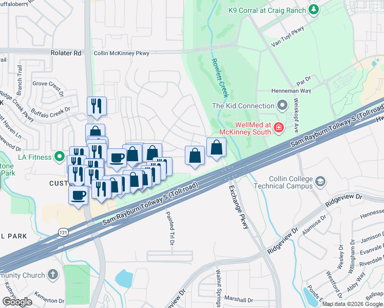 map of restaurants, bars, coffee shops, grocery stores, and more near 7179 Kingston Heath Drive in McKinney