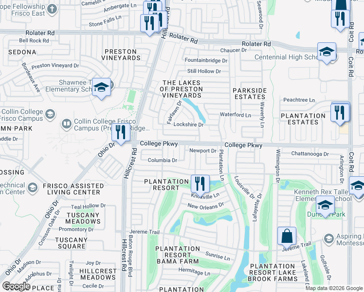 map of restaurants, bars, coffee shops, grocery stores, and more near 6305 Montgomery Drive in Frisco