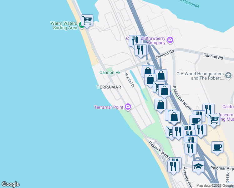 map of restaurants, bars, coffee shops, grocery stores, and more near 5211 Carlsbad Boulevard in Carlsbad