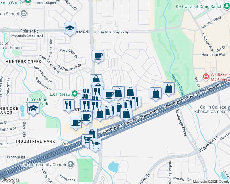 map of restaurants, bars, coffee shops, grocery stores, and more near 7220 Royal View Drive in McKinney
