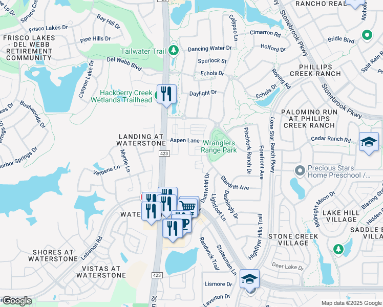 map of restaurants, bars, coffee shops, grocery stores, and more near 6300 Farm to Market Road 423 in Frisco