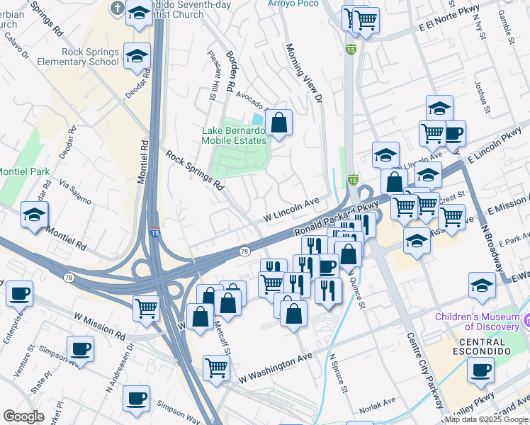 map of restaurants, bars, coffee shops, grocery stores, and more near 830 Lincoln Avenue in Escondido