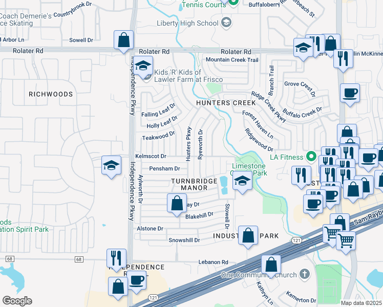 map of restaurants, bars, coffee shops, grocery stores, and more near 6302 Hunters Pkwy in Frisco