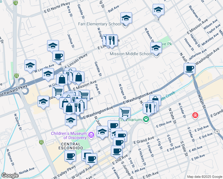 map of restaurants, bars, coffee shops, grocery stores, and more near 705 North Hickory Street in Escondido