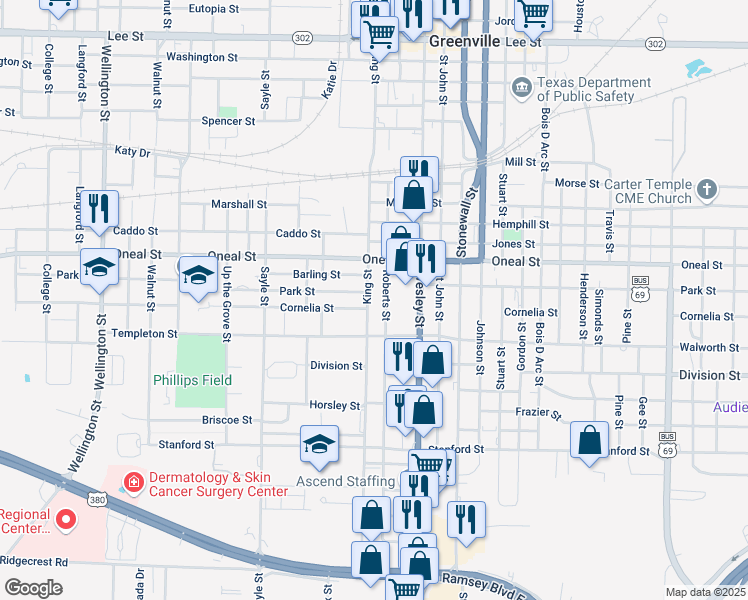 map of restaurants, bars, coffee shops, grocery stores, and more near 3813 King Street in Greenville