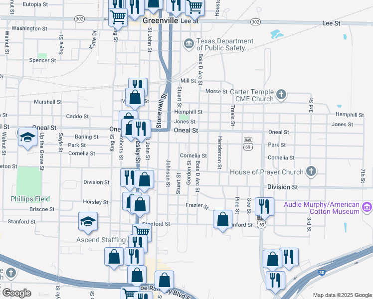 map of restaurants, bars, coffee shops, grocery stores, and more near 2305 Park Street in Greenville