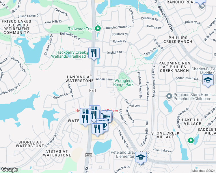 map of restaurants, bars, coffee shops, grocery stores, and more near 6300 Farm to Market Road 423 in Frisco