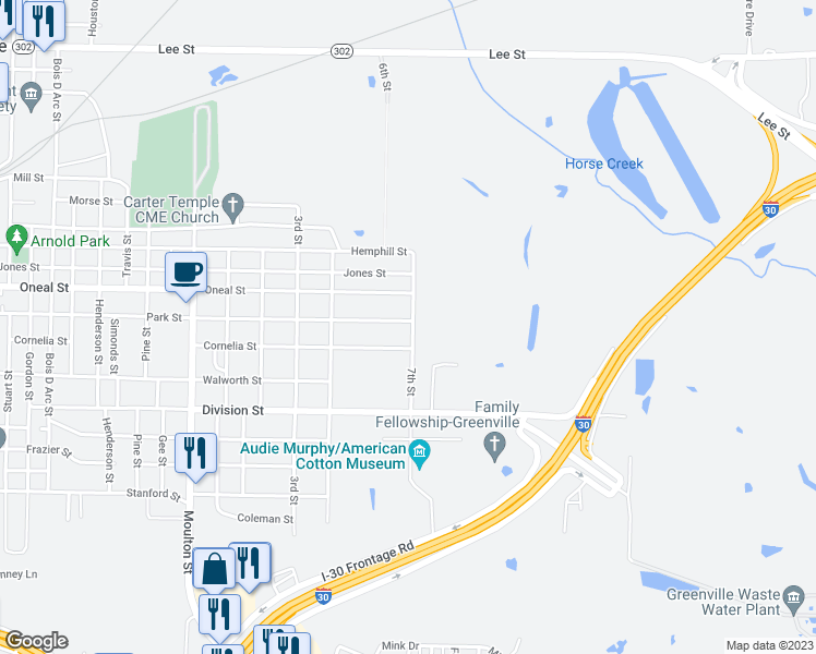map of restaurants, bars, coffee shops, grocery stores, and more near 801 Park Street in Greenville