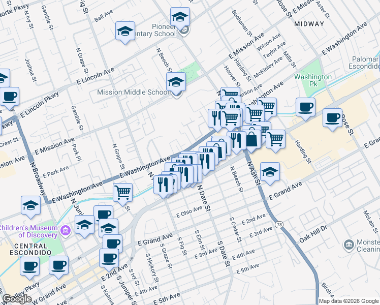 map of restaurants, bars, coffee shops, grocery stores, and more near 917 East Washington Avenue in Escondido