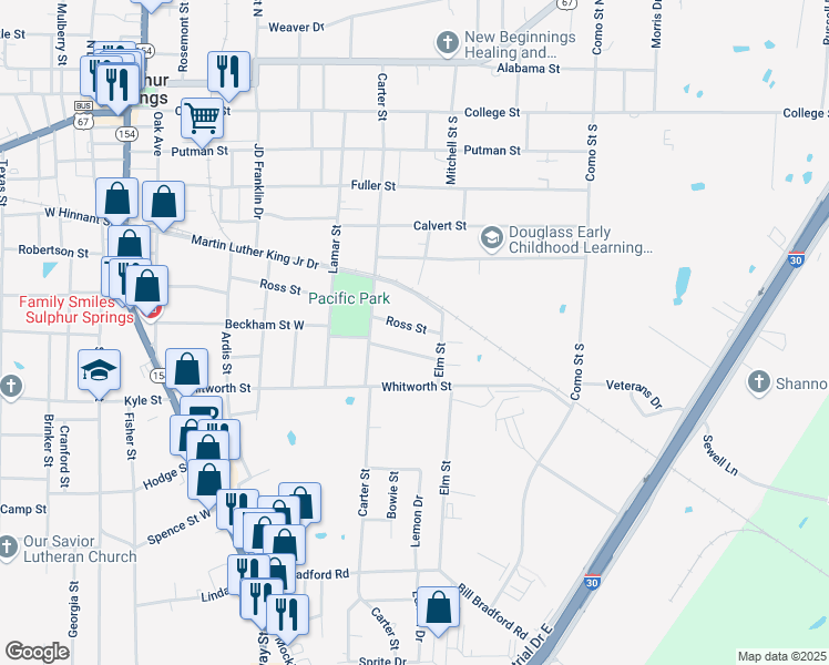 map of restaurants, bars, coffee shops, grocery stores, and more near 416 Ross Street in Sulphur Springs