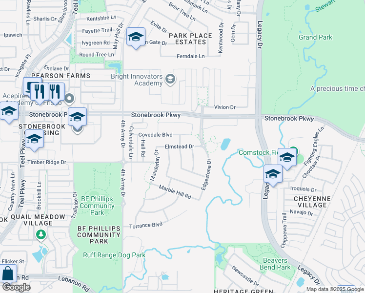 map of restaurants, bars, coffee shops, grocery stores, and more near 3800 Elmstead Drive in Frisco