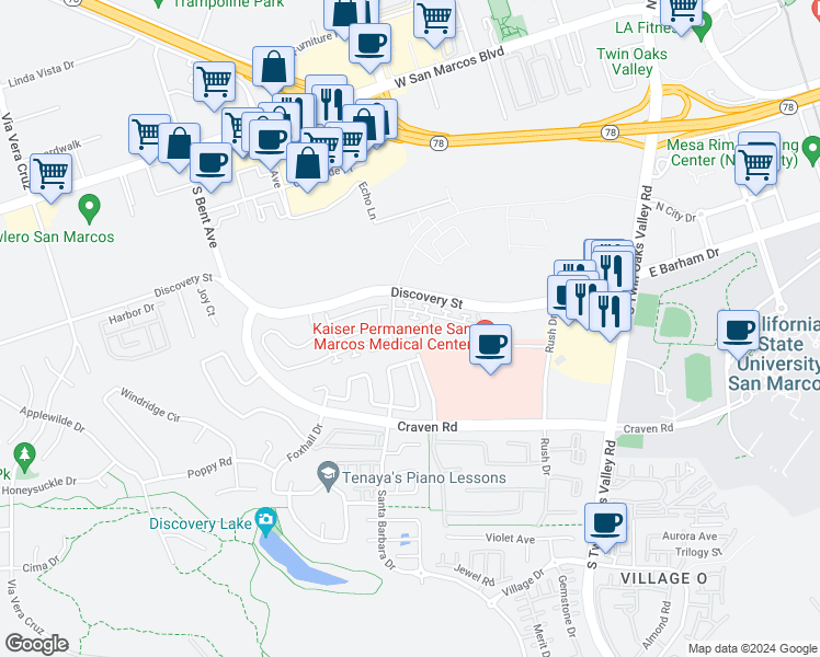 map of restaurants, bars, coffee shops, grocery stores, and more near 357 Happy Hill Lane in San Marcos