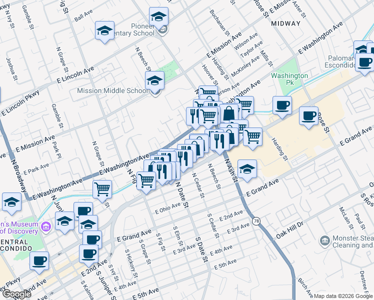 map of restaurants, bars, coffee shops, grocery stores, and more near 1015 Cedar Brook in Escondido