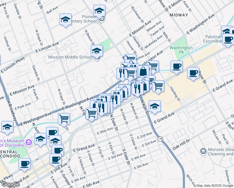 map of restaurants, bars, coffee shops, grocery stores, and more near 1015 Cedar Brook in Escondido