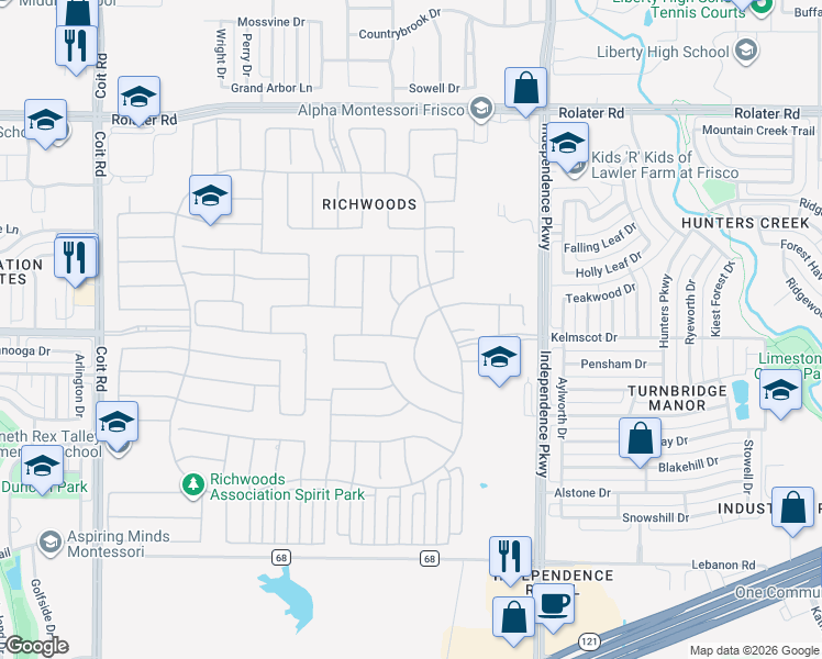 map of restaurants, bars, coffee shops, grocery stores, and more near 6311 Francis Lane in Frisco