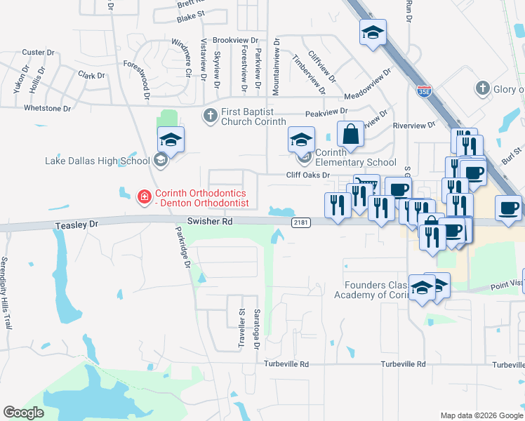 map of restaurants, bars, coffee shops, grocery stores, and more near 3310 Poseidon Drive in Corinth