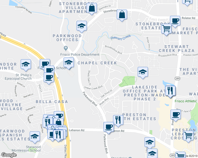map of restaurants, bars, coffee shops, grocery stores, and more near 6252 Bristol Place in Frisco