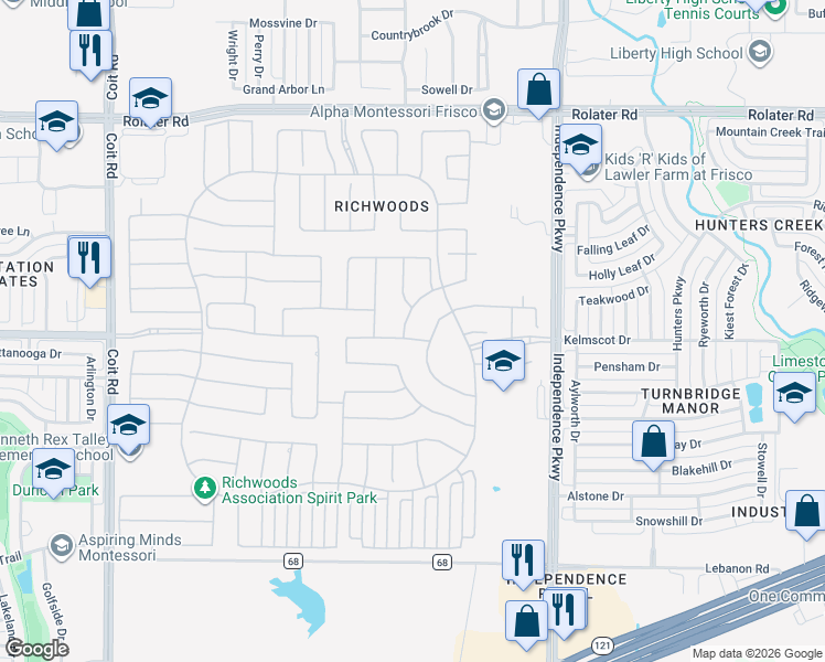 map of restaurants, bars, coffee shops, grocery stores, and more near 6311 Francis Lane in Frisco