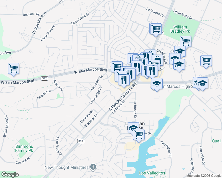 map of restaurants, bars, coffee shops, grocery stores, and more near 868 South Rancho Santa Fe Road in San Marcos