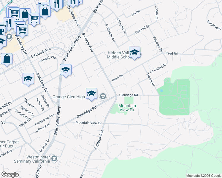 map of restaurants, bars, coffee shops, grocery stores, and more near 941 South Citrus Avenue in Escondido