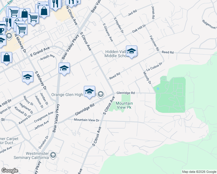 map of restaurants, bars, coffee shops, grocery stores, and more near 941 South Citrus Avenue in Escondido