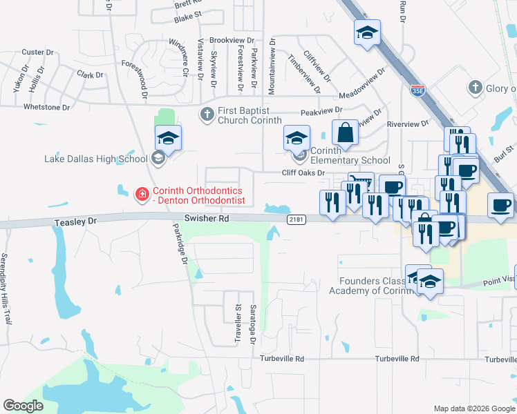 map of restaurants, bars, coffee shops, grocery stores, and more near 3310 Poseidon Drive in Corinth