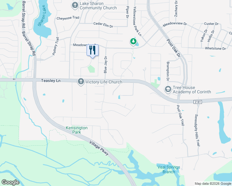 map of restaurants, bars, coffee shops, grocery stores, and more near 3362 Oak Creek Drive in Corinth
