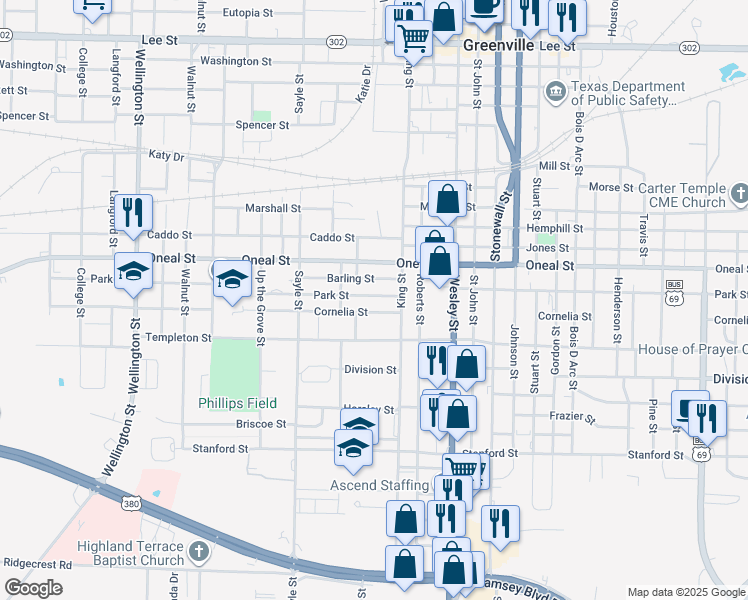 map of restaurants, bars, coffee shops, grocery stores, and more near 3103 Park Street in Greenville