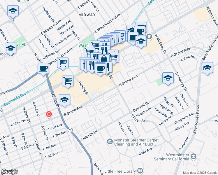 map of restaurants, bars, coffee shops, grocery stores, and more near 1556 East Grand Avenue in Escondido