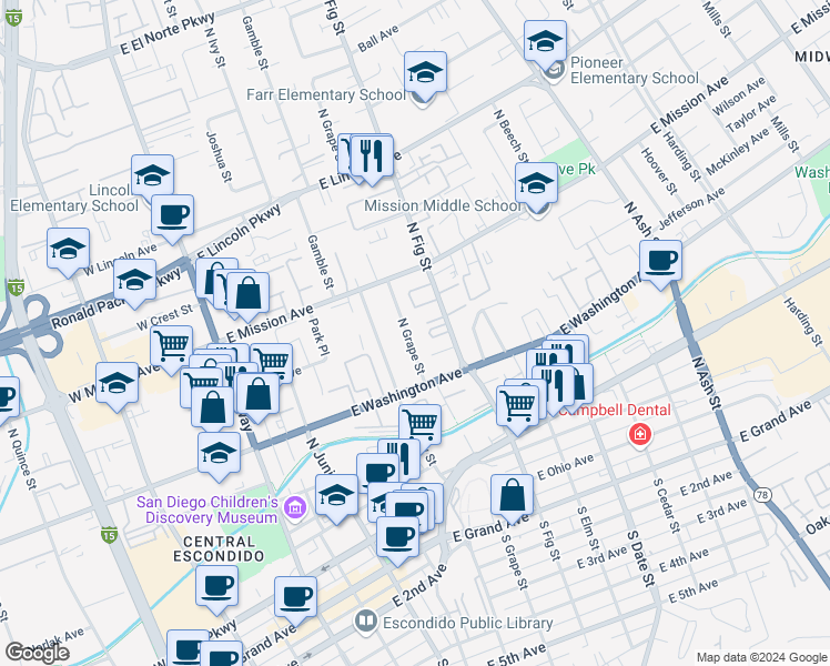map of restaurants, bars, coffee shops, grocery stores, and more near 683 North Grape Street in Escondido