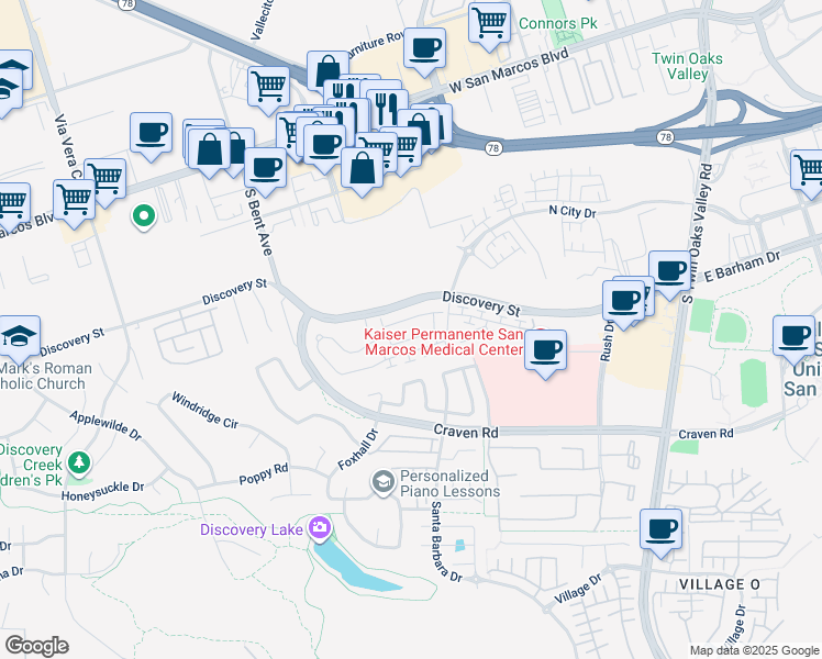 map of restaurants, bars, coffee shops, grocery stores, and more near 656 Sonoma Street in San Marcos