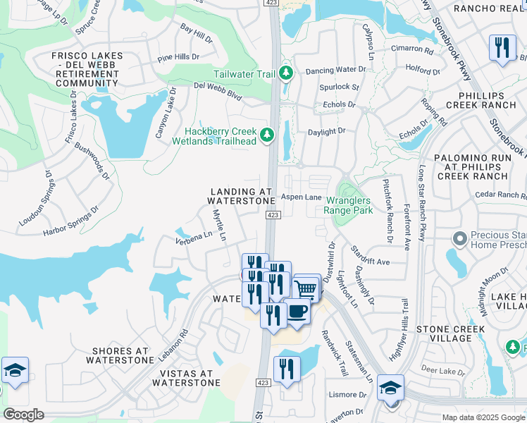 map of restaurants, bars, coffee shops, grocery stores, and more near 6128 Pepperbark Drive in Frisco
