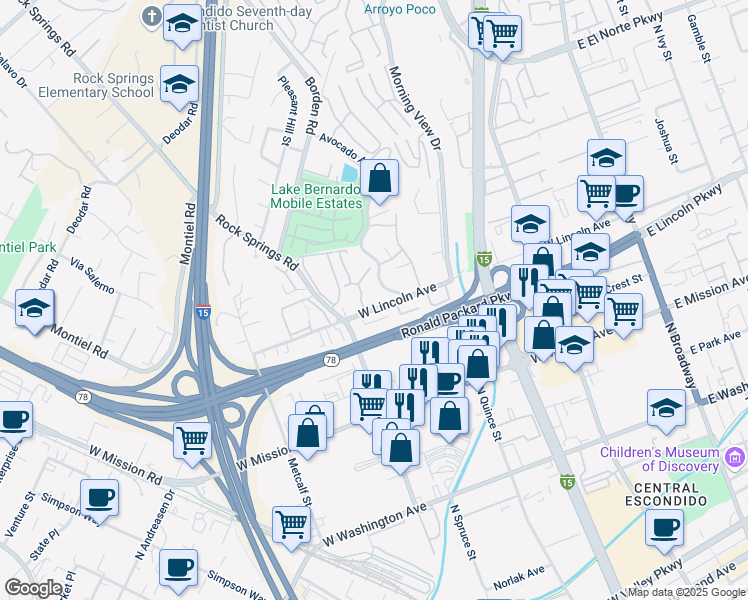 map of restaurants, bars, coffee shops, grocery stores, and more near 824 West Lincoln Avenue in Escondido