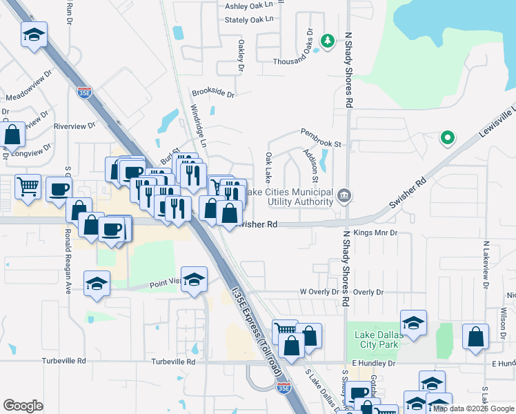 map of restaurants, bars, coffee shops, grocery stores, and more near 214 Hillcrest Road in Lake Dallas