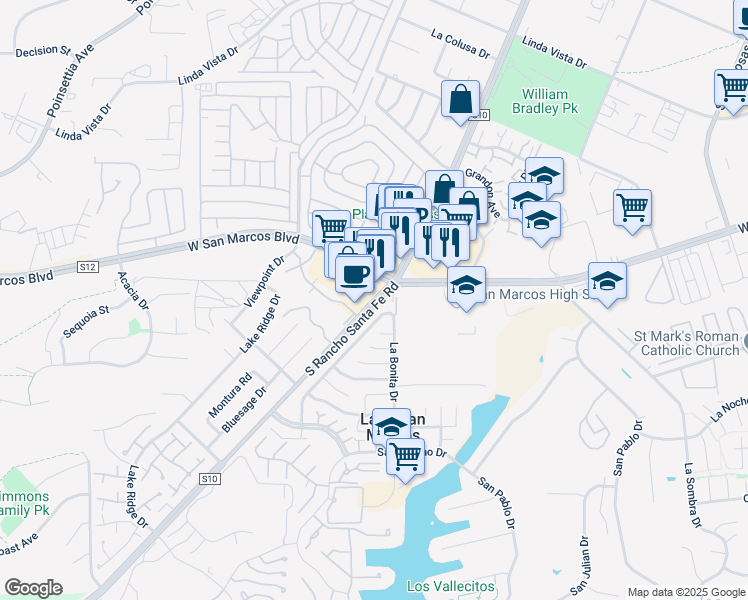map of restaurants, bars, coffee shops, grocery stores, and more near 802 La Tierra Drive in San Marcos