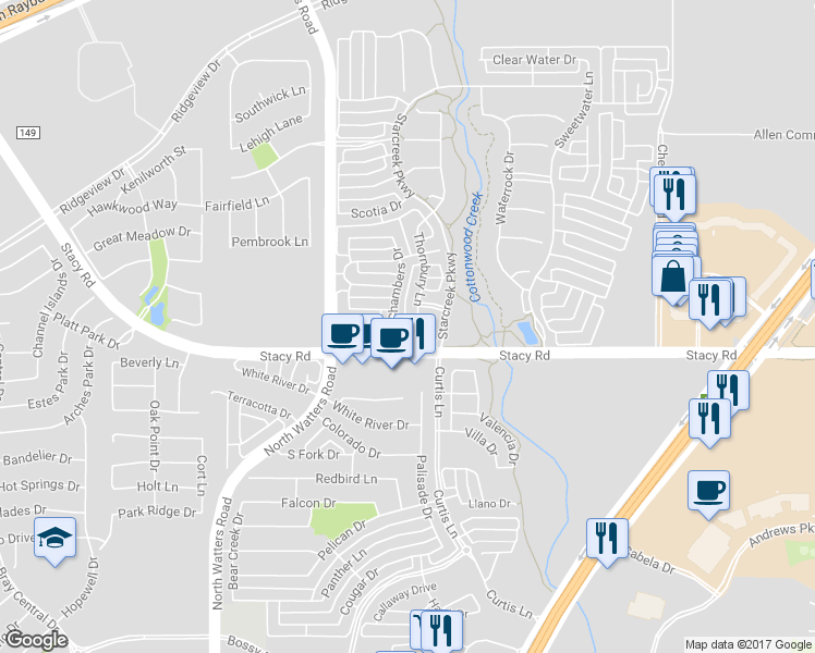 map of restaurants, bars, coffee shops, grocery stores, and more near 914 Wyndham Way in Allen