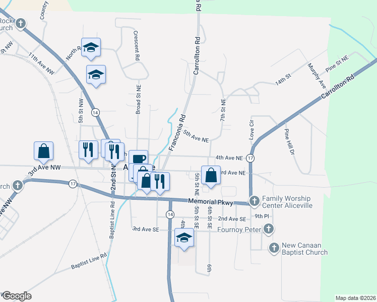 map of restaurants, bars, coffee shops, grocery stores, and more near 303 4th Avenue Northeast in Aliceville