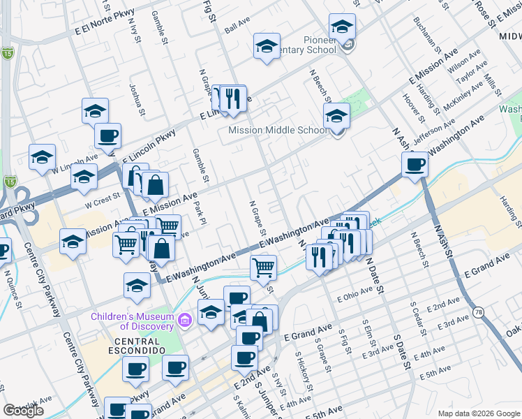 map of restaurants, bars, coffee shops, grocery stores, and more near 683 North Grape Street in Escondido
