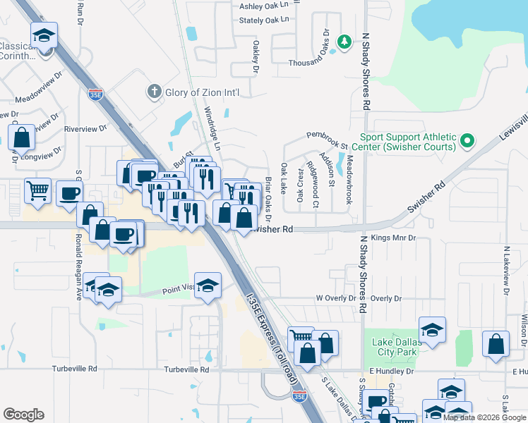 map of restaurants, bars, coffee shops, grocery stores, and more near 301 Swisher Road in Lake Dallas